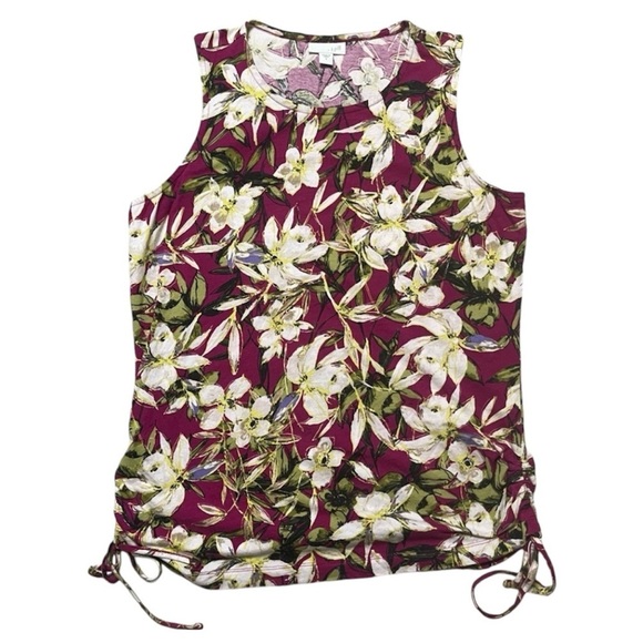 J. Jill Floral Maroon & White Sleeveless Cotton Top w/ Side Ruching - Size Small - Picture 1 of 9
